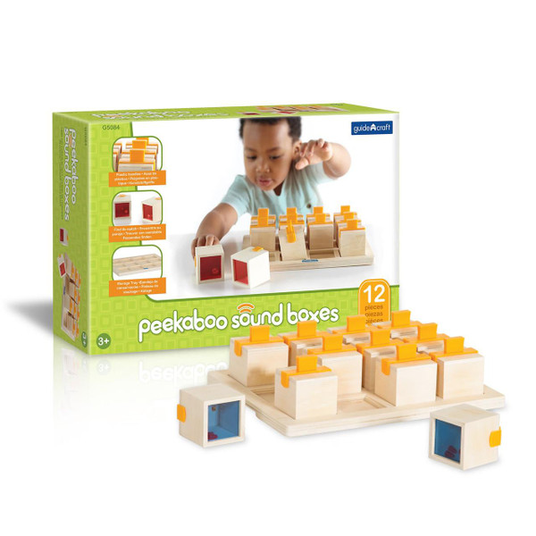Guidecraft Peekaboo Sound Boxes, educational wooden toy with 12 pieces including sound boxes, storage tray, and colorful handles for sensory learning for children