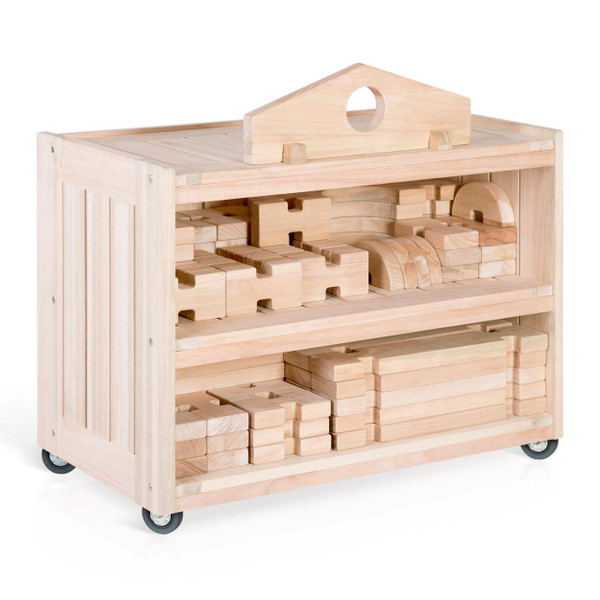 Guidecraft Notch Wooden Blocks Storage Cart, wooden storage cart with multiple compartments filled with various wooden blocks and on wheels for easy mobility.