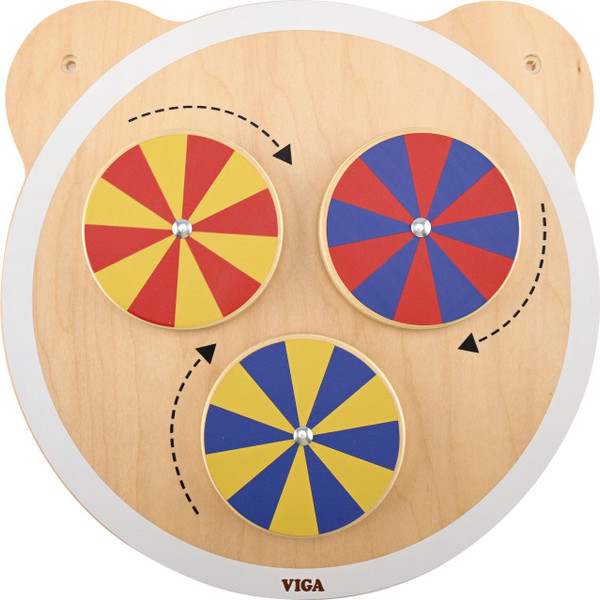 Moje Bambino Swirling Colors Sensory Wall Toy, interactive wooden sensory wall with spinning colorful disks in yellow, red, and blue for sensory development and entertainment.