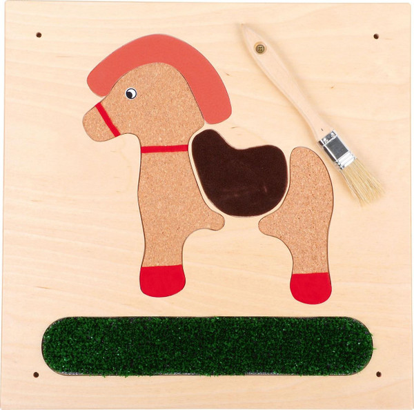 Moje Bambino Horse Fine Motor Skills Wall Panel, educational children's activity board with a horse shape, cork material, colorful parts, and attached small paintbrush for fine motor skills development.
