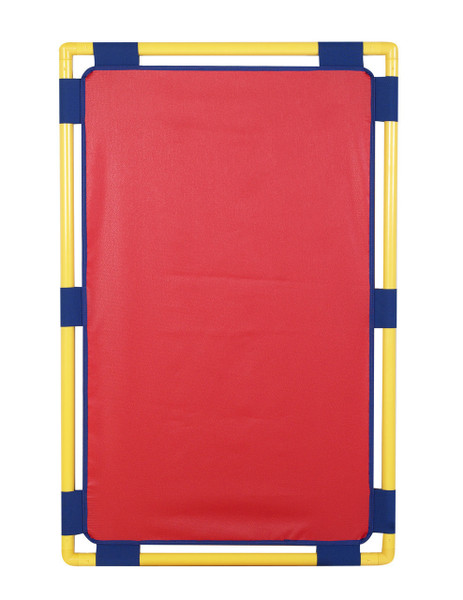 Children's Factory Rectangle Play Panel - Blue or Red, colorful rectangular play panel with a red padded surface and a sturdy yellow frame with blue accents.