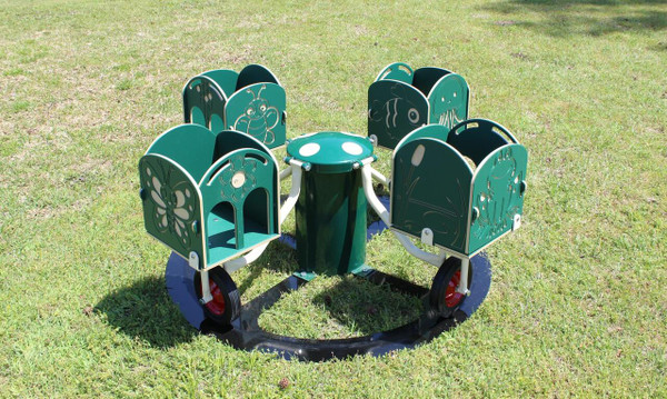 Infinity Playgrounds Carrington's Carousel Toddler Easy Rider Merry Go Round, colorful outdoor children's playground equipment with animal and insect themed panels.