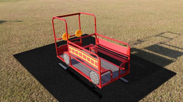 Infinity Playgrounds Fire Engine Spring Rider, red fire truck themed playground spring rider on grassy field.