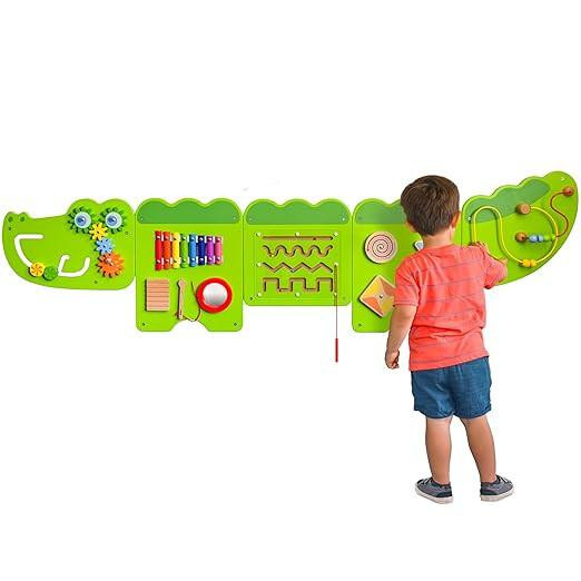 SPARK & WOW Junior Crocodile Sensory Wall Panel - Light Green, interactive children's sensory wall panel designed for tactile and visual engagement with various textures, shapes, and activities for kids.