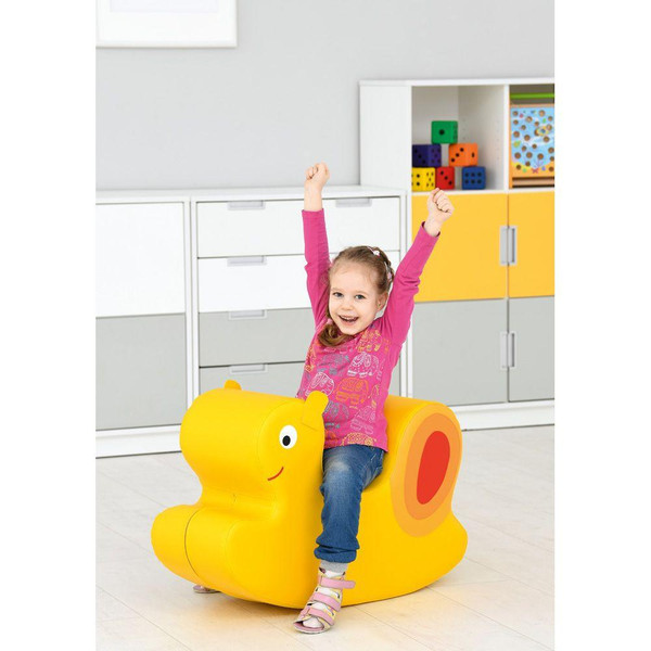 Moje Bambino Soft Foam Rocking Seats, a colorful foam rocking toy in the shape of a cheerful yellow caterpillar with orange accents, designed for young children to sit and rock comfortably.