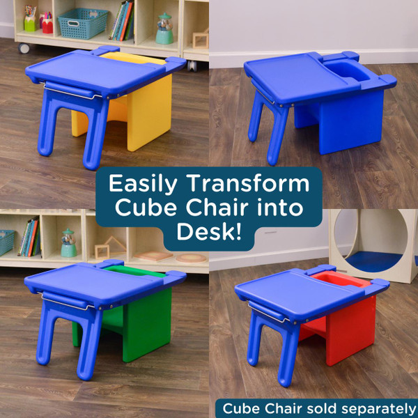 Children's Factory Edutray - Turn Cube Chair Into Desk, versatile children's furniture transforming from cube chair to desk in multiple colors.