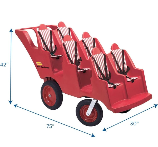 Angeles BYE BYE BUGGY 6 Passenger Stroller Never Flat Fat Tire, Red Stripes - red kids' utility vehicle with six seats and safety harnesses, measuring 42 inches high, 75 inches long, and 30 inches wide.