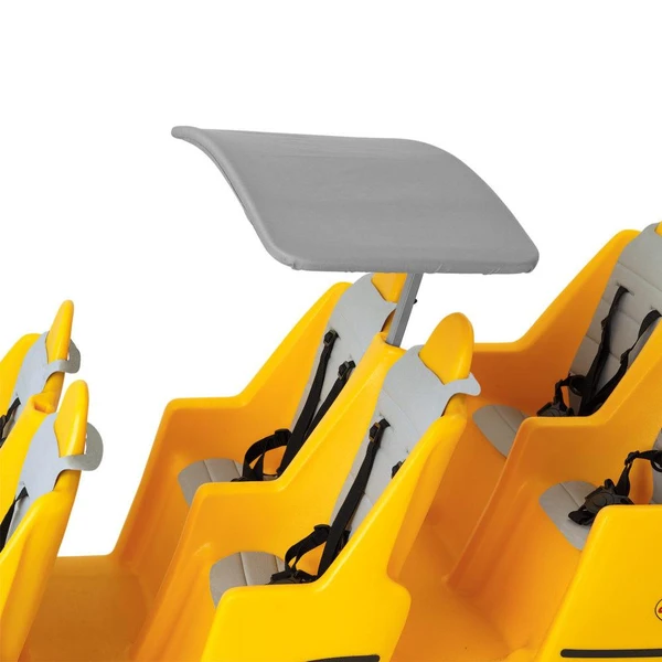 Angeles BYE BYE BUGGY Gray Canopy, child stroller with gray sun canopy and yellow plastic seats with safety harnesses.