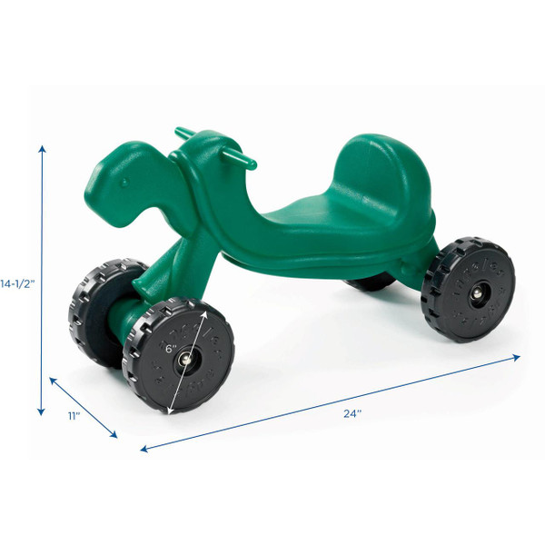 Angeles Tortoise & Hare Ride-On Scooter Pair, green toy scooter with elephant and hare design, measuring 24 inches long, 14.5 inches high, and 11 inches wide, with black rubber wheels for children.