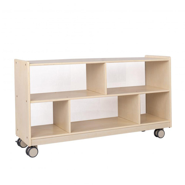 Angeles Mobile 24H Toddler Storage Unit with Clear Back, assembled wooden storage cart with multiple compartments and four caster wheels for easy mobility.
