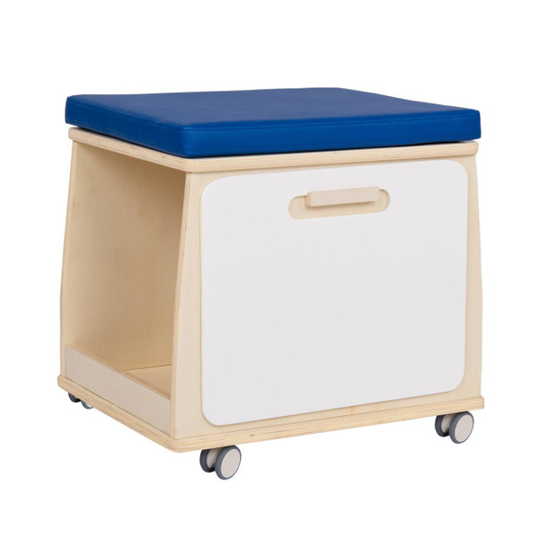Angeles Mobile Teacher Stool - RTA, wooden teaching stool with a blue cushioned seat and mobile wheels for easy movement.