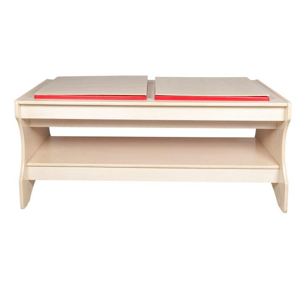 Angeles Mobile Sand and Water Table - Assembled, wooden table with a flat top surface, featuring two sections with red trims for children's sand and water play.