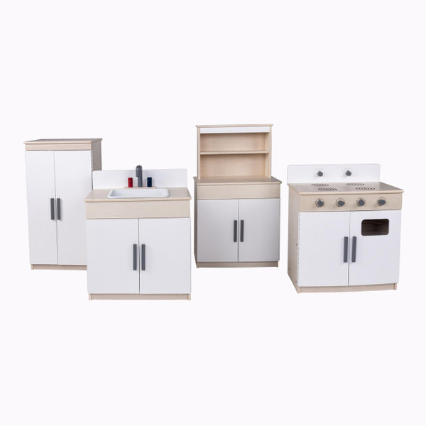 Angeles Complete Play Kitchen 4-Pieces - Assembled, children's pretend play kitchen set with stove, sink, cabinet, and shelves in light wood and white finish.