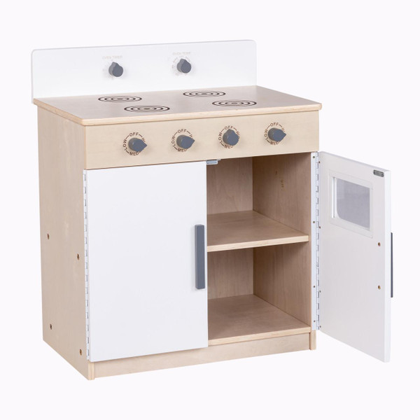 Angeles White Play Stove - Assembled, toy wooden play kitchen stove with white cabinet, open door showing storage shelves, and black control knobs and burners.
