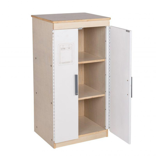 Angeles White Play Refrigerator - Assembled, wooden storage cabinet with a top surface and open shelves inside for storage.