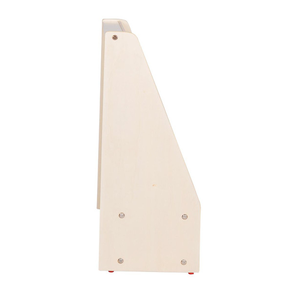 Angeles Mobile 4-Shelf Book Display with Storage - Assembled, side view of a sleek, white wooden mobile book display with four shelves and storage options.