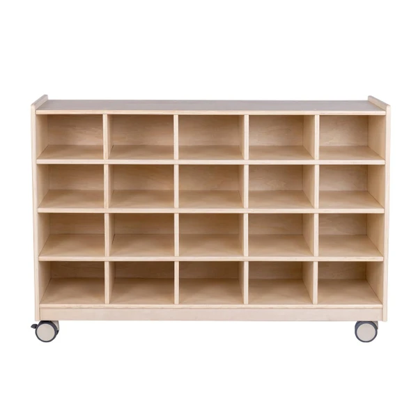 Angeles Mobile 20-Section Cubby Storage Unit - Assembled, light wood color storage cabinet with 20 open cubbies and caster wheels for mobility.