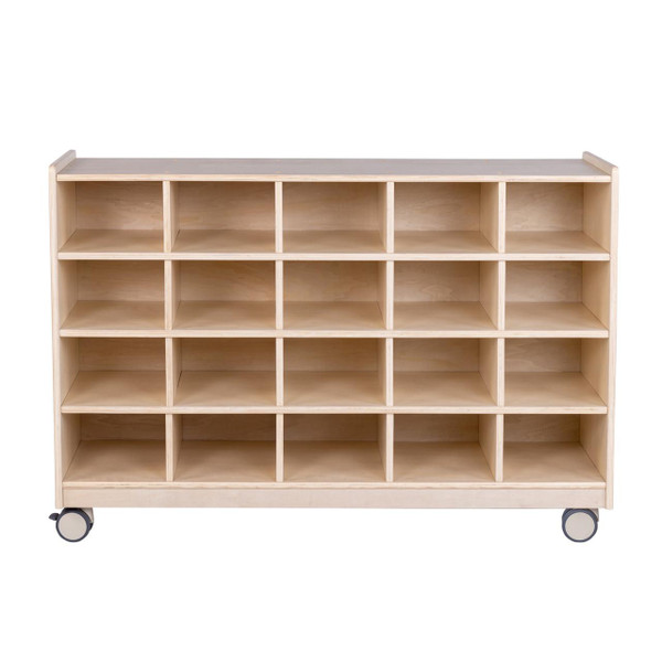 Angeles Mobile 20-Section Cubby Storage Unit- RTA, wooden cubby storage cart with 20 compartments and four caster wheels for easy mobility.