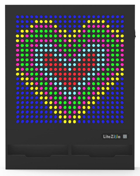 LiteZilla Giant Lite Brite 4' x 5' Light Wall, illuminated colorful light wall with a pixel art heart design in various colors.