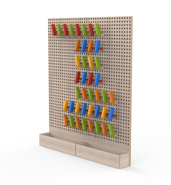 LiteZilla Kidworx Instant Reset Domino Dash Wall Activity, colorful dominoes arranged on a perforated wall for children to create domino runs and races.