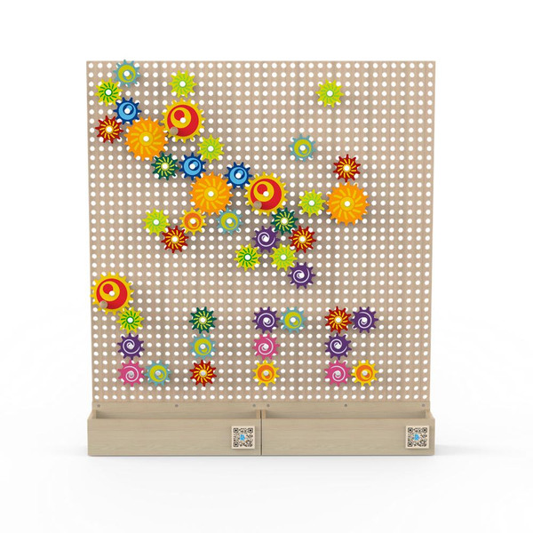 LiteZilla Kidworx™ Gizmo Gears STEM Wall Activity, colorful interlocking gears arranged on a perforated wall for educational and creative play.