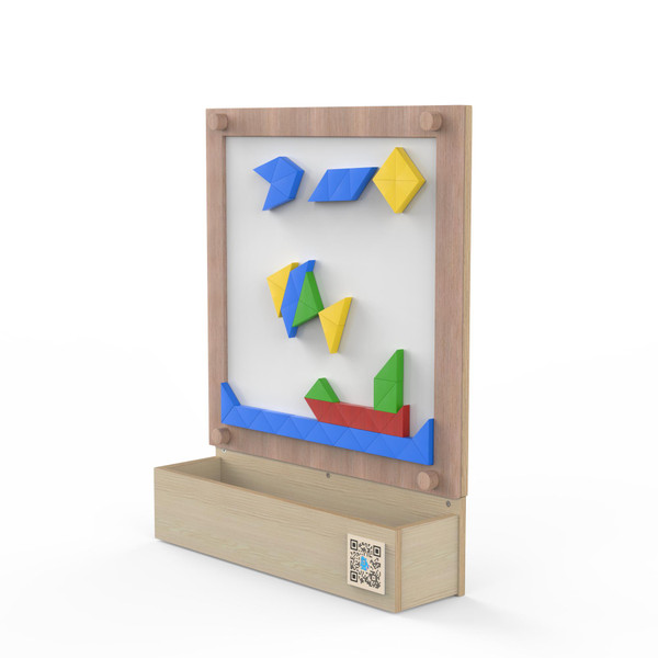 LiteZilla KidWorx™ Magnetic Mosaics Activity Wall Toy, wooden magnetic activity board with colorful geometric mosaic tiles arranged in creative patterns and a storage tray at the base.