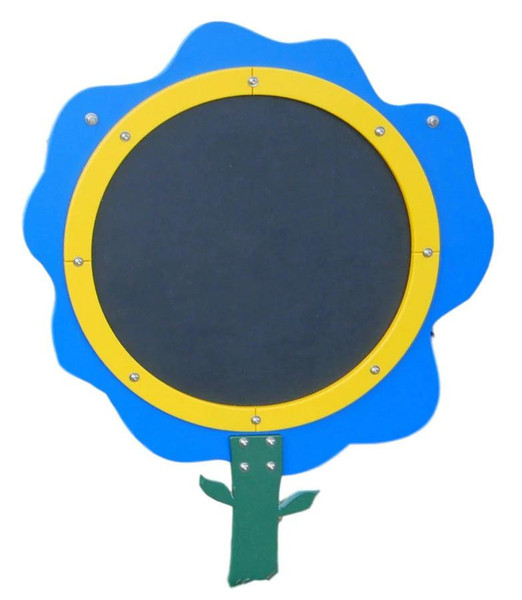 Infinity Playgrounds Chalkboard Flower - Rose Flower, colorful playground chalkboard with a flower-shaped design featuring a blue petal outline, a yellow border, and a black chalkboard center, attached to a green stem base.