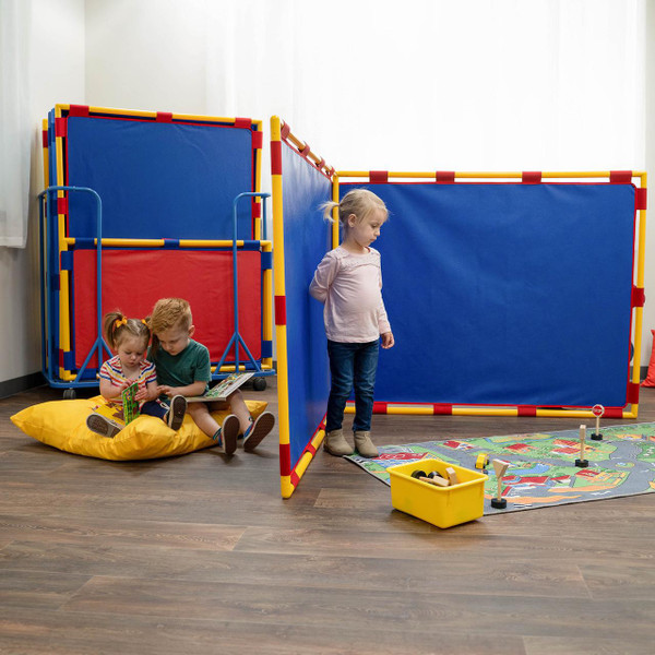 Children's Factory Corner Big Screen Play Panel - Available in 4 Colors, colorful blue and red play panels with kids engaging in activities in a classroom or playroom.