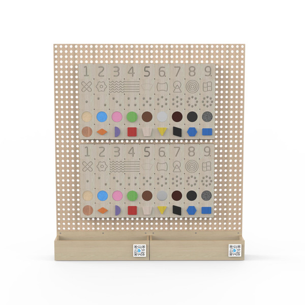 LiteZilla Kidworx™ Tactiles Sensory Wall Activity, wooden classroom sensory wall panel with number, pattern, texture, color, and shape activities for hands-on learning.