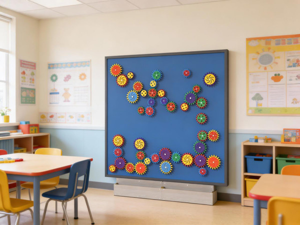 LiteZilla MagWiz Sensory Gears STEM Wall Activity - 5x5, colorful gear-shaped magnetic sensory toys arranged on a blue wall in a classroom setting.