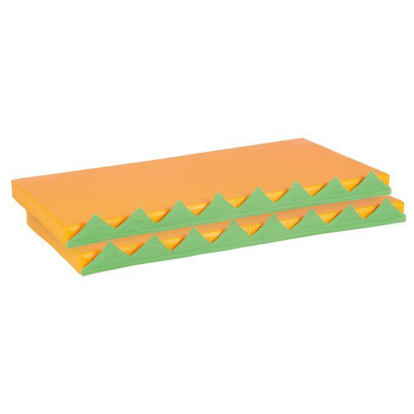 Moje Bambino Grass Mat for Sensory Wall Areas, colorful foam mat with green grass-like textured panels attached to an orange base
