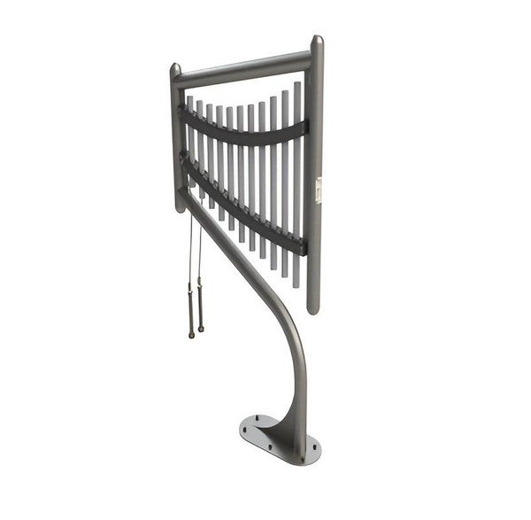 Freenotes Harp 11 Note Outdoor Chimes, metal wind chimes mounted on a stand with strings and small mallets for musical play.