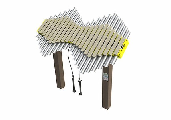 Freenotes Imbarimba 22 Note Outdoor Marimba, musical instrument with wooden bars and metal pipes, outdoor percussion instrument.