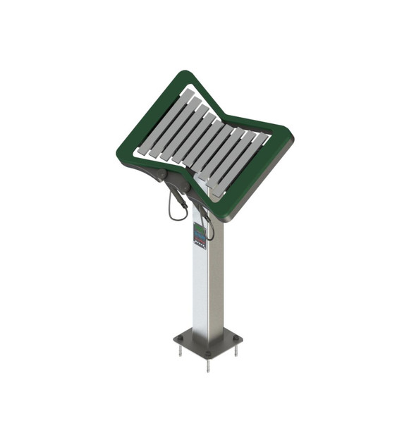 Freenotes Melody Outdoor Metallophone, a metal musical instrument with bars mounted on a green frame and supported by a sturdy stand suitable for outdoor use.