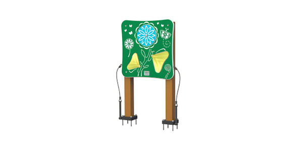 Freenotes Spring Garden Musical Panel, colorful outdoor musical instrument with flower and butterfly illustrations on a green background.