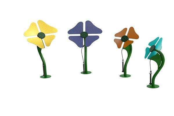 Freenotes Flowers Musical Bells Ensemble - Set of 4, colorful flower-shaped musical bells with green stems and varying petal colors including yellow, purple, brown, and teal.