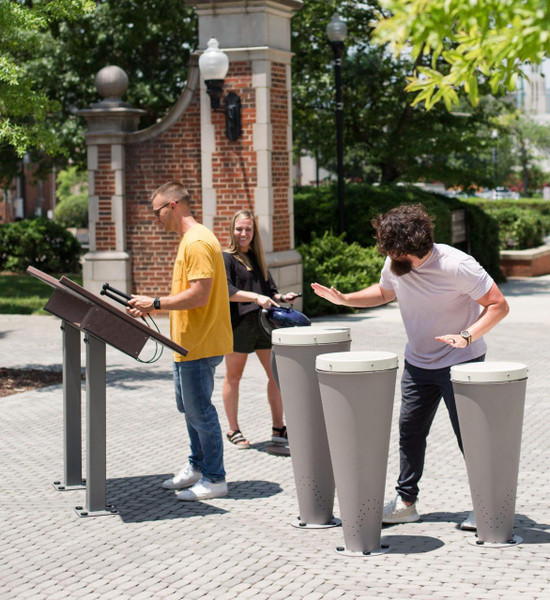 Freenotes Island Ensemble Outdoor Musical Set, a musical play area with multiple outdoor percussion instruments for public use.