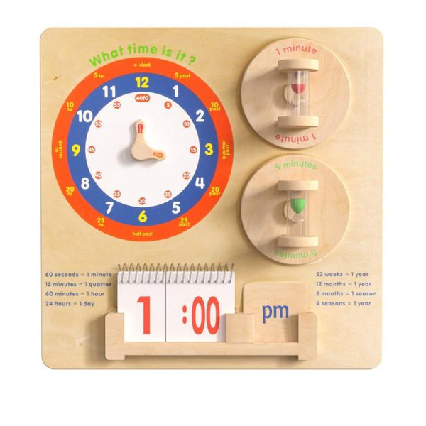 Flash Furniture Bright Beginnings Wooden STEAM Telling Time Wall Activity Board, educational wooden wall-mounted clock and learning tools for teaching children how to tell time.