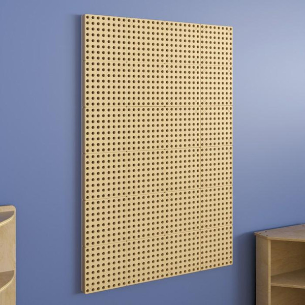 Flash Furniture Bright Beginnings Modular Multi-Purpose STEAM Rectangle Peg System Wall Panel, beige pegboard with evenly spaced circular holes mounted on a light blue wall.