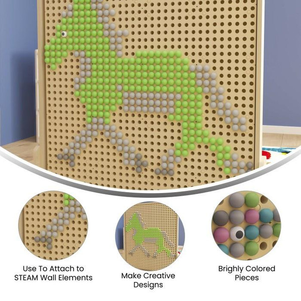 Flash Furniture Bright Beginnings Pastel Peg Accessory Pack for Modular STEAM Wall Systems, colorful plastic peg pieces arranged on a pegboard to create a horse design.
