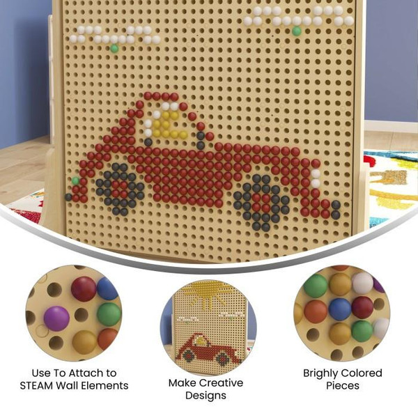 Flash Furniture Bright Beginnings Multicolor Peg Accessory Pack for Modular STEAM Wall Systems - 512 Pack, image of colorful pegs and designs on a pegboard.