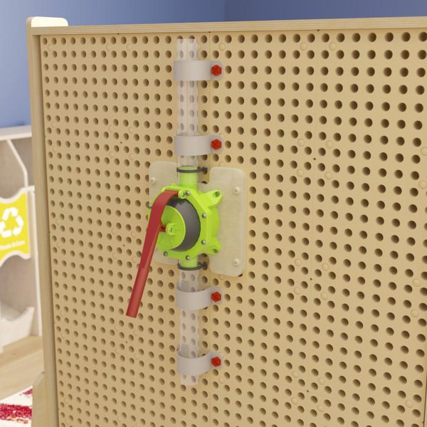 Flash Furniture Bright Beginnings Pipe Builder Hand Pump & Accessories for Modular STEAM Wall Systems, 10 Piece - plastic pump with green handle attached to a pegboard with tubing and connectors.