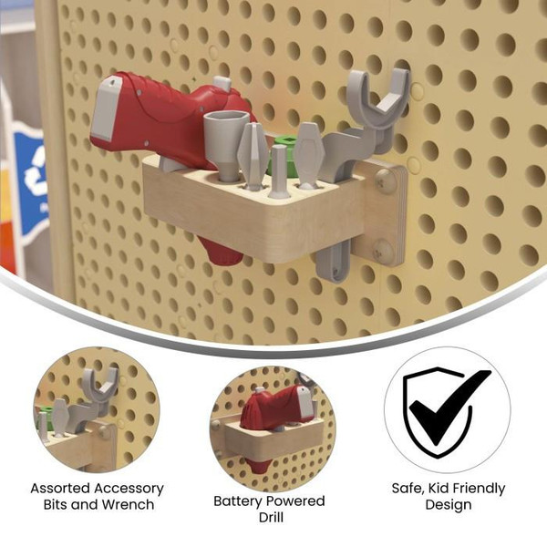 Flash Furniture Bright Beginnings Tools & Holder Accessory Set for Modular STEAM Wall Systems with Working Drill, kids' tool and holder set on a pegboard, including assorted accessory bits, wrench, battery-powered drill, and featuring a safe, kid-friendly design.