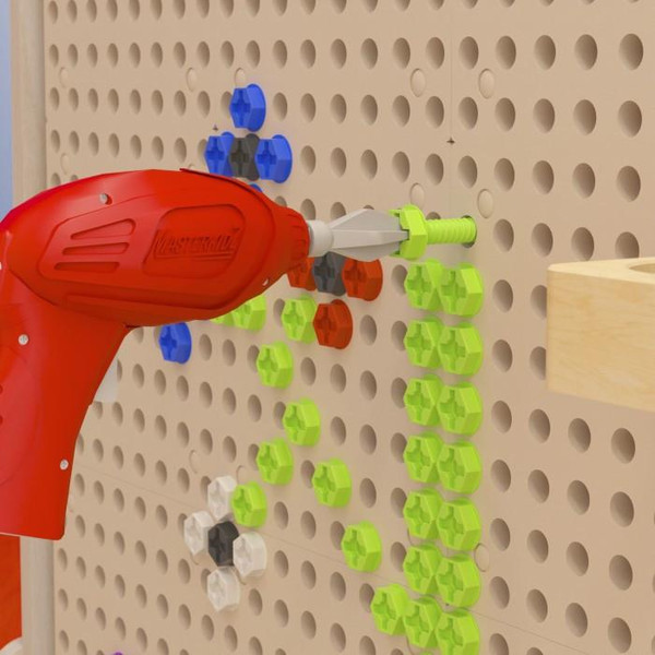 Flash Furniture Bright Beginnings Tools & Holder Accessory Set for Modular STEAM Wall Systems with Working Drill, mounted on a wall with colorful screw and hook accessories for educational purposes.