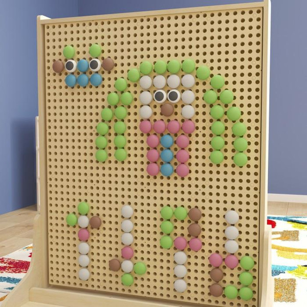 Flash Furniture Bright Beginnings Pastel Jumbo Peg Accessory Pack for Modular STEAM Wall Systems, colorful peg set arranged on a beige pegboard for children’s educational activities.