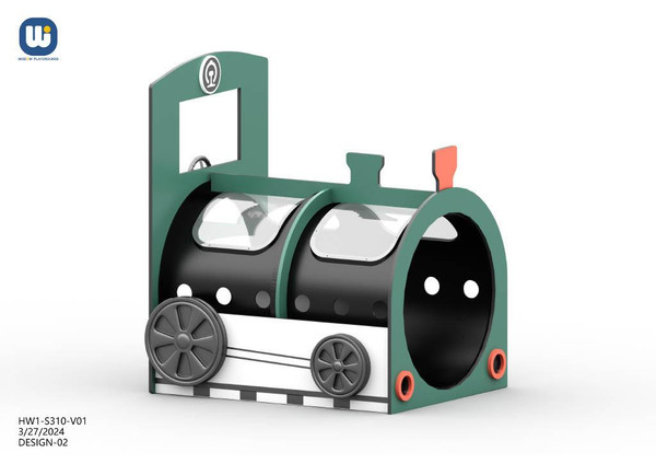 World Klass Play Train Engine Playground Crawl Tunnel, children's play structure designed as a train engine with tunnel passage, colorful play equipment for kids' outdoor activity.