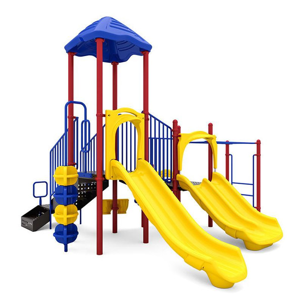 World Klass Play Tunnel Rush Commercial Playground Structure, colorful playground with multiple slides, climbing features, and safety railings for children.