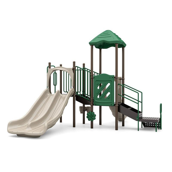 World Klass Play Double Rush Commercial Playground Structure, innovative playset with dual slides, climbing features, and a shaded platform for children to enjoy outdoor activities.
