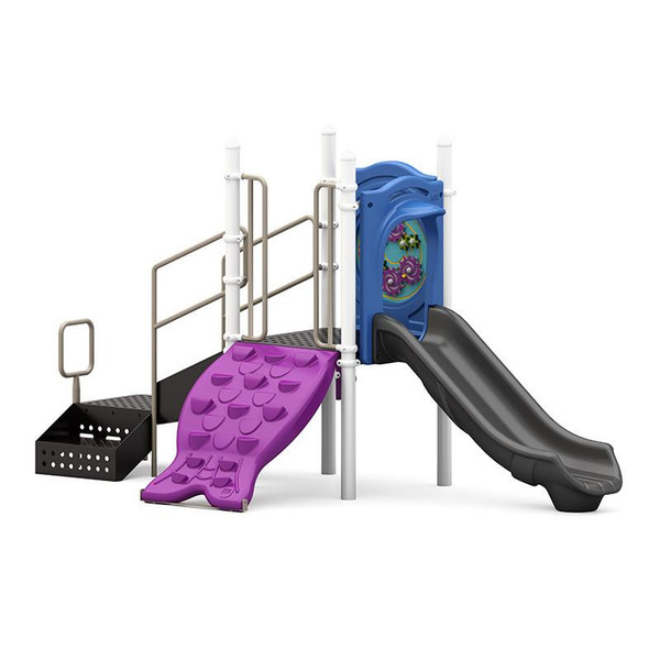 World Klass Play Sprout Slide Commercial Playground Structure, colorful outdoor playground equipment with purple climbing wall and black slide