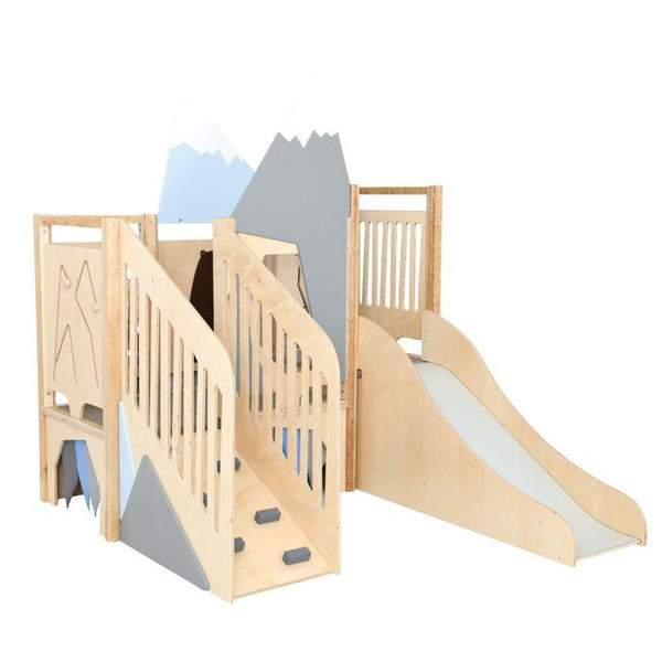 Moje Bambino Summit Toddler Play Loft, wooden play structure with slide, climbing steps, and safety rails for children.
